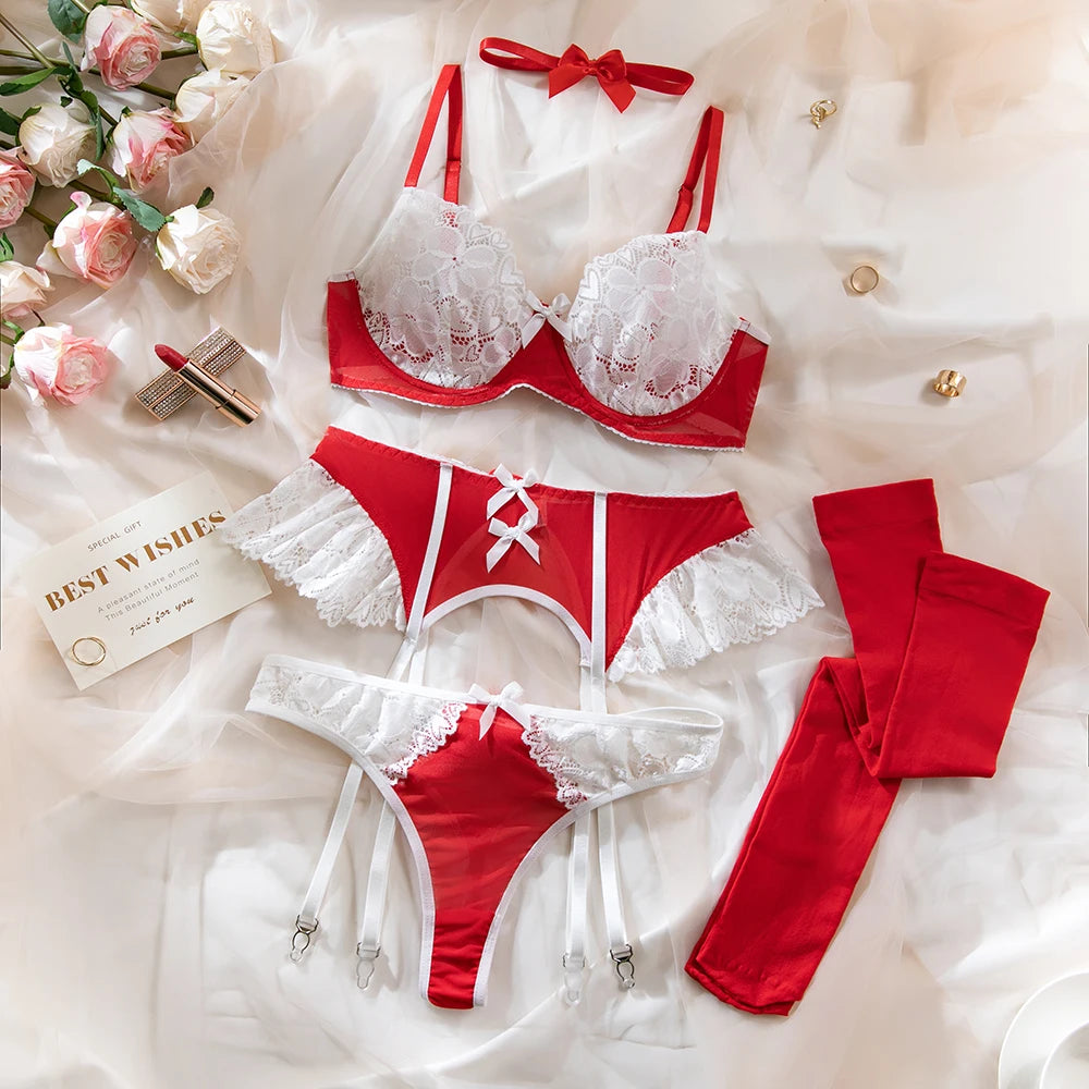 Lace Bra Set – Women's 4-Piece Lingerie Set with Stockings, Floral Bra, Panty & Garter Kit, Sexy Erotic Intimates