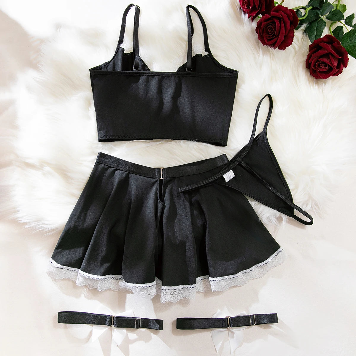 Maid Cosplay Lingerie Set – 5-Piece Sexy Lace Apron Uniform with Bow & Bandage Details