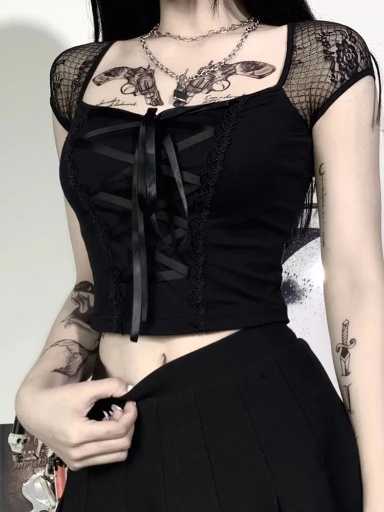 Vintage Goth T-Shirt – Bodycon, Bandage Lace, Black Mesh, Sexy Gothic Streetwear for Women