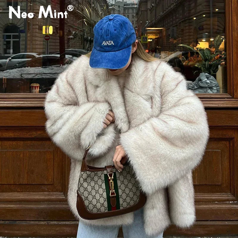 Ins Hot Oversized Gradient Fur Coat – Thick, Warm, Fluffy Faux Fox Fur Jacket for Women