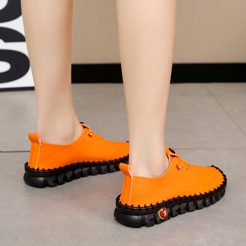 Lace-Up Leather Loafers - Flat Casual Shoes for Women, New Spring Collection, Outdoor Travel and Walking Sneakers