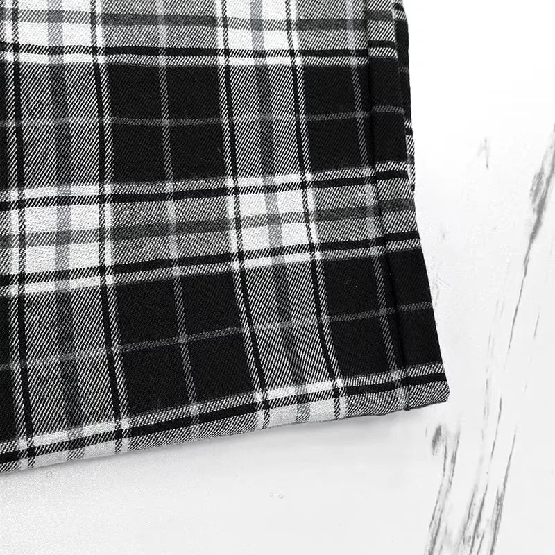 Thin High-Waisted Wide-Leg Pants – Korean Style, Casual, Straight Cut, Hit Color, Plaid Pattern, Elastic Waist, Dragging Length