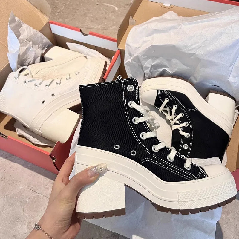 Platform Sneakers - Canvas Lace-Up Personalized Luxury Heels, Skateboard Style Casual Outdoor Fashion Shoes for Women