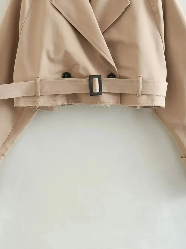 Belted Cropped Trench Jacket – Vintage Double-Breasted Spring Coat, Long Sleeve Streetwear