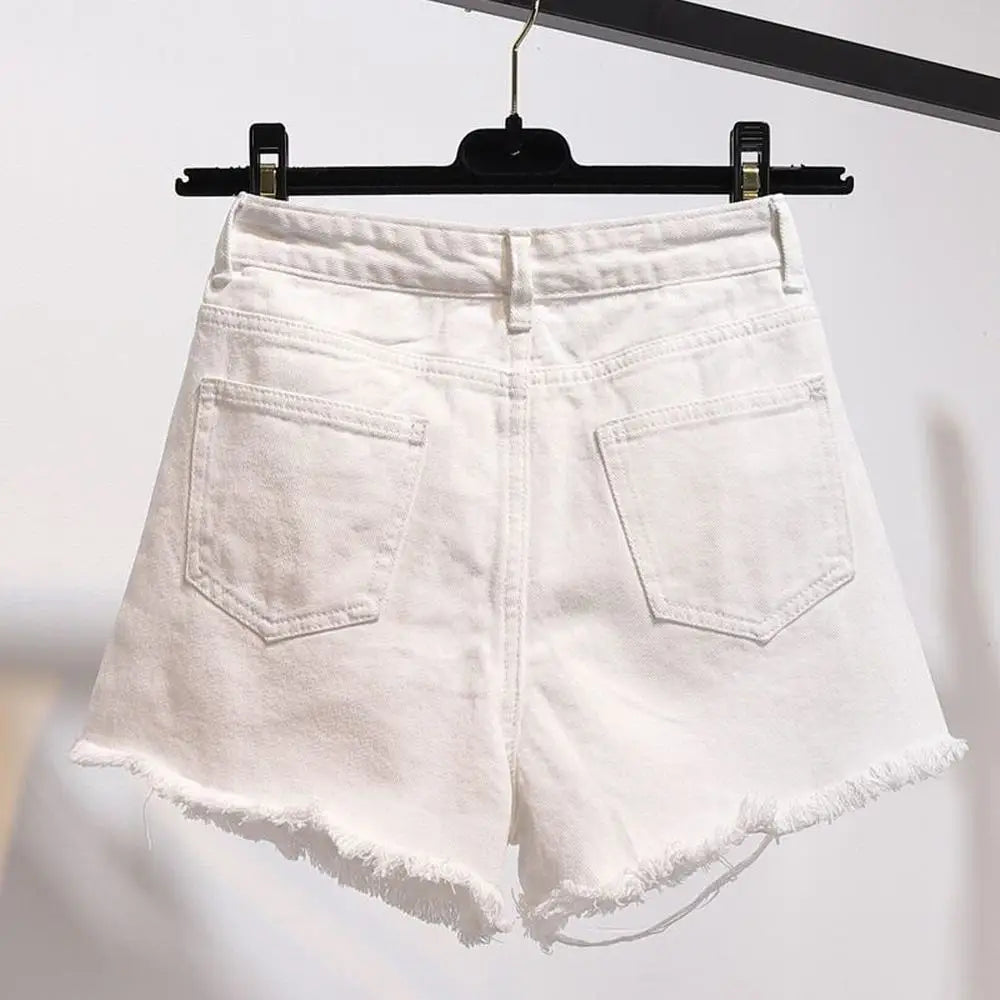 Women's Cowboy Shorts – Korean Style, High Waist, Casual, Denim, Pocket Design, Tassel, Perforated, Ripped Holes, Y2K White Jeans
