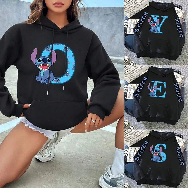 Women's Winter Disney Hoodie – Cute Kawaii Lilo & Stitch, Lucky Letter Print, Black, Fashion Couple Streetwear (Big Size)