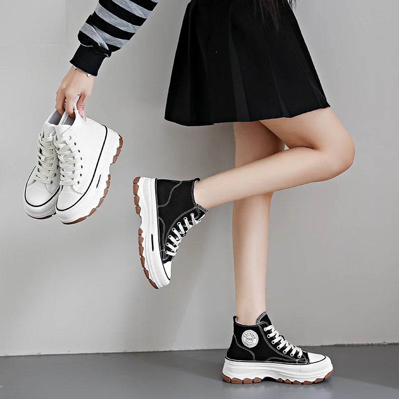 Women’s High Top Canvas Sneakers - Lace-Up, Non-slip, Wear-Resistant, Spring Platform