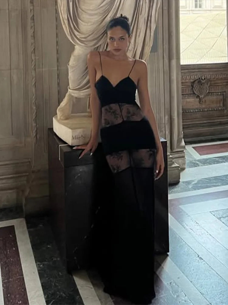 Lace See-Through Sling Maxi Dress – Sexy Slim Black Backless Sleeveless Long Dress, Summer Chic Party Evening Robe
