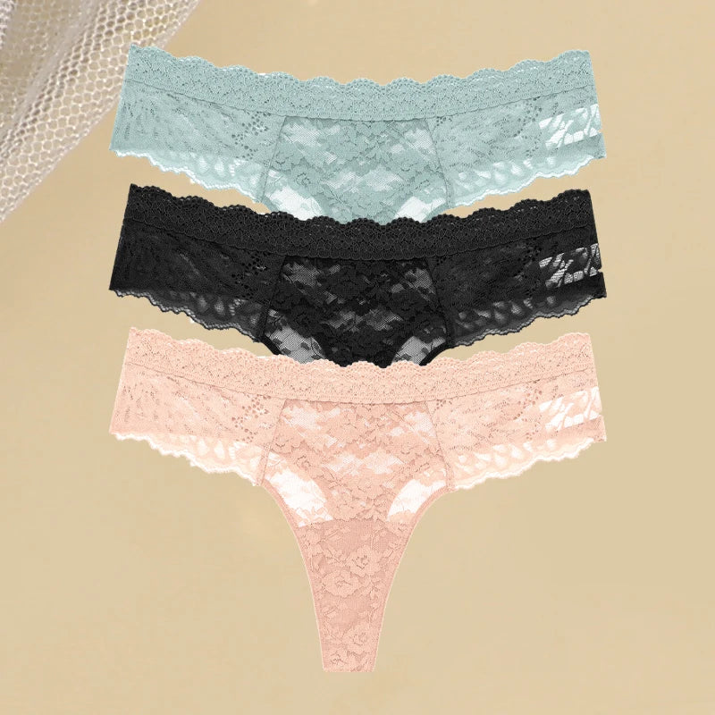 3PCS Lace Hollow Out Thong Panties – Sexy Floral Print, Solid Color, Low Waist, Breathable G-String Lingerie