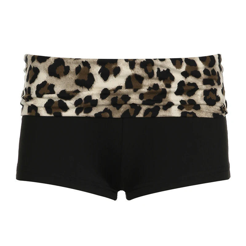 Contrast Patchwork Leopard Booty Shorts – Low Waist, Slim Fit, Sexy Baddie Style.