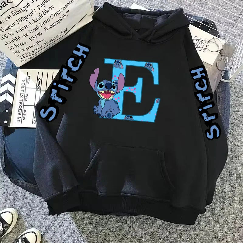 Women's Winter Disney Hoodie – Cute Kawaii Lilo & Stitch, Lucky Letter Print, Black, Fashion Couple Streetwear (Big Size)