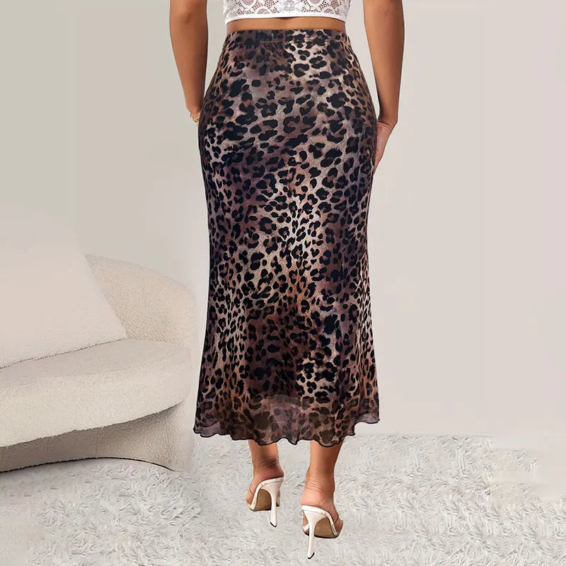 Women's High-Waisted A-Line Skirt – Classic Office Style, Loose Fit, Elegant Leopard Print, Long Skirt