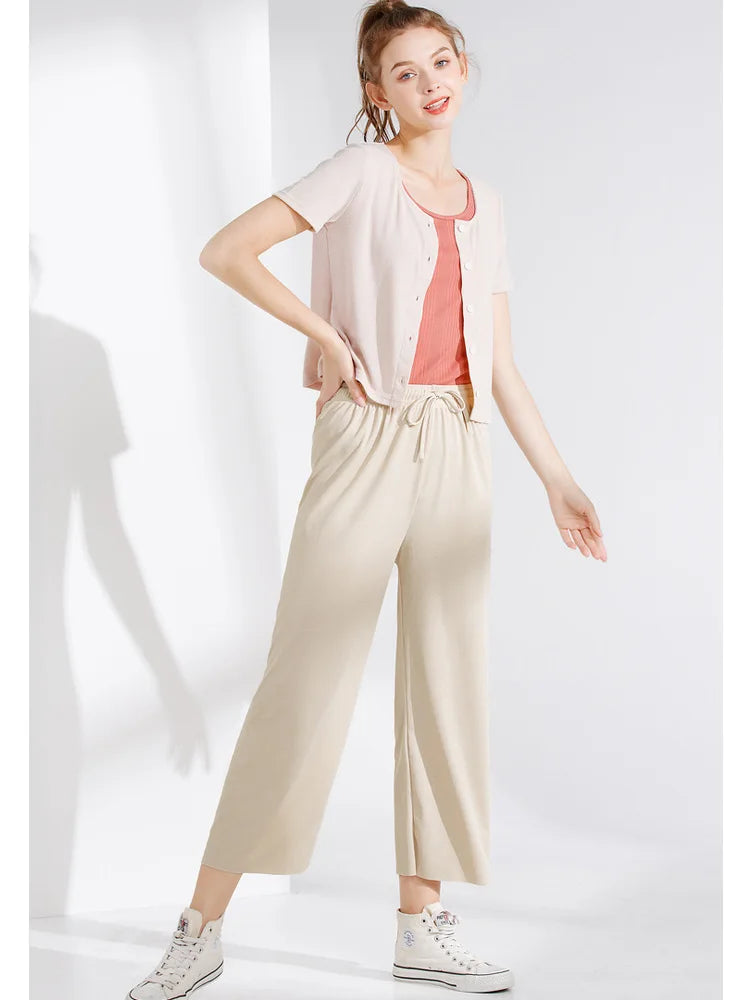 Women Ankle-Length Wide Leg Pants – Casual, Summer, Solid Color, Elastic Waist, Loose Fit, Ice Silk, Spring/Summer