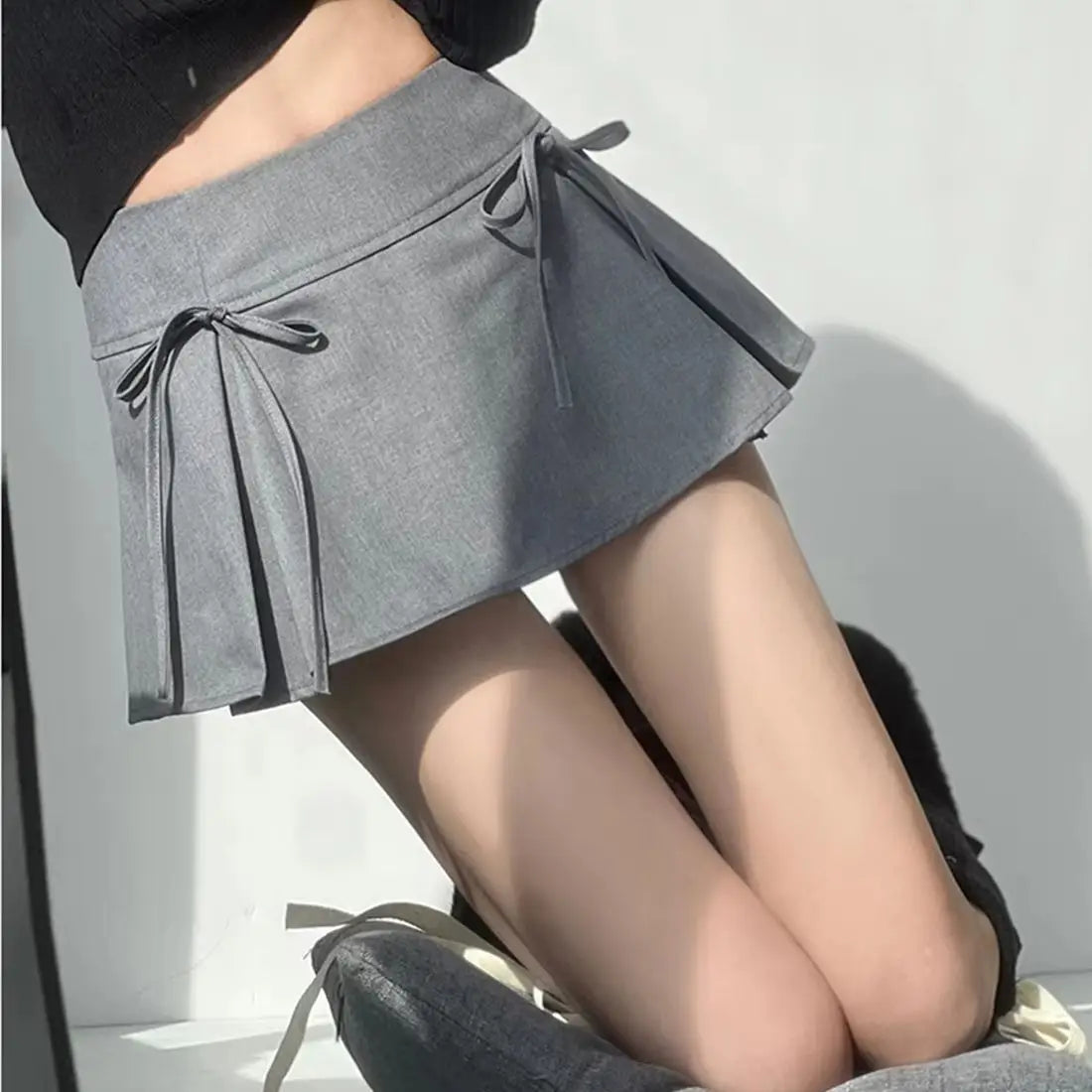 Women's Y2K Bow Skirt – Pleated A-Line, Solid Color, Harajuku Korean Preppy Style