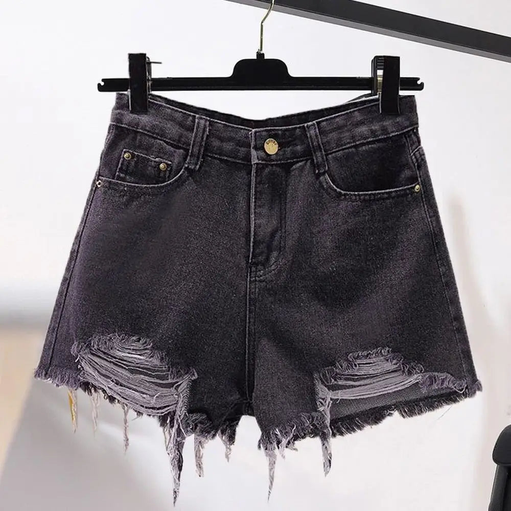 Women's Cowboy Shorts – Korean Style, High Waist, Casual, Denim, Pocket Design, Tassel, Perforated, Ripped Holes, Y2K White Jeans