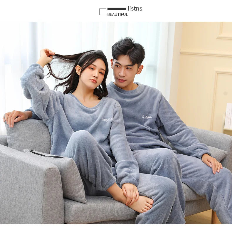 Men's Coral Velvet Pajamas – Thickened, Warm, Long Sleeve & Trousers, Solid Color, Soft Sleepwear, Autumn Winter 2PCS Set