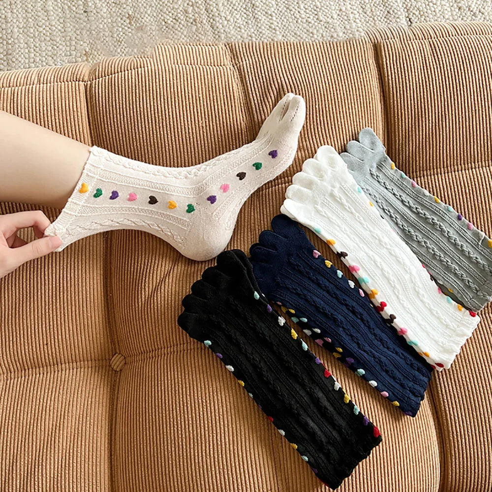 Colorful Heart Braid Five Finger Socks for Women – Spring Autumn, Middle Tube, Cotton, Breathable, Crew Socks, Streetwear