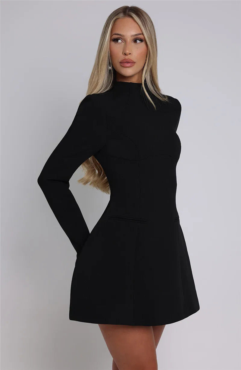 Mozision Long Sleeve Backless Mini Dress – O-Neck, High Waist, A-Line, Elegant Club Party Dress for Women