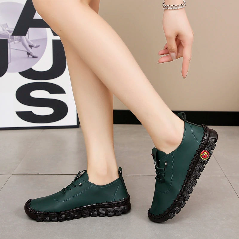 Lace-Up Leather Loafers - Flat Casual Shoes for Women, New Spring Collection, Outdoor Travel and Walking Sneakers