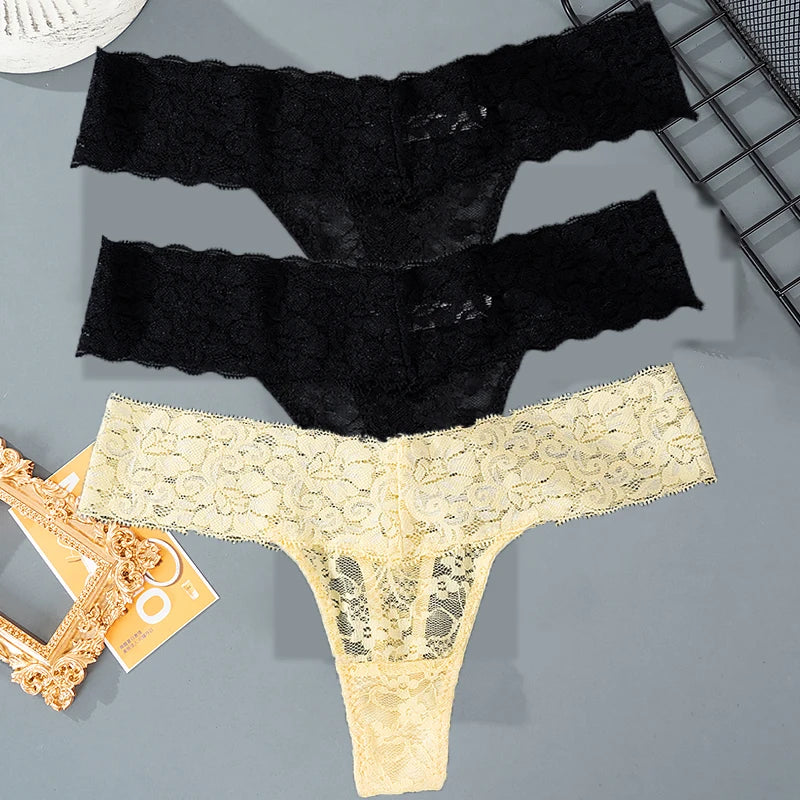 3PCS Lace Floral Thong Panties – Low Waist, Breathable, Sexy, Transparent, Solid Color Women's Underwear