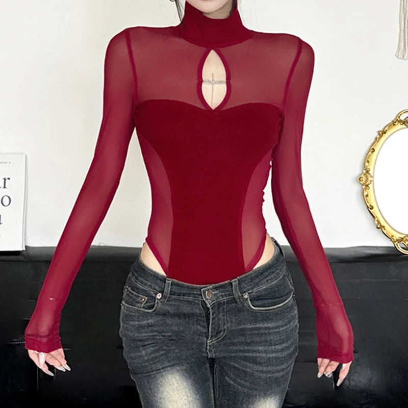 Hollow Out Mesh Bodysuit – Slim-Fit, Turtleneck, Long Sleeve, Korean Chic Elegance