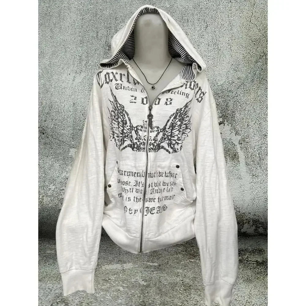 Vintage Y2K Hoodie – Women's White Print Tunic, Hooded Coat, Streetwear Fashion, Casual Sweatshirt