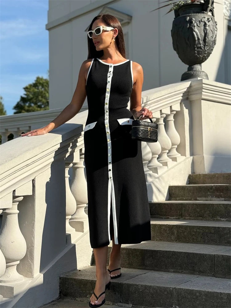 Knit Ribbed Cardigan Maxi Dress – High Waist, Slim Fit, Pocket Design, Sleeveless, Elegant, Party Dress, Women's Knitwear, Long Dress