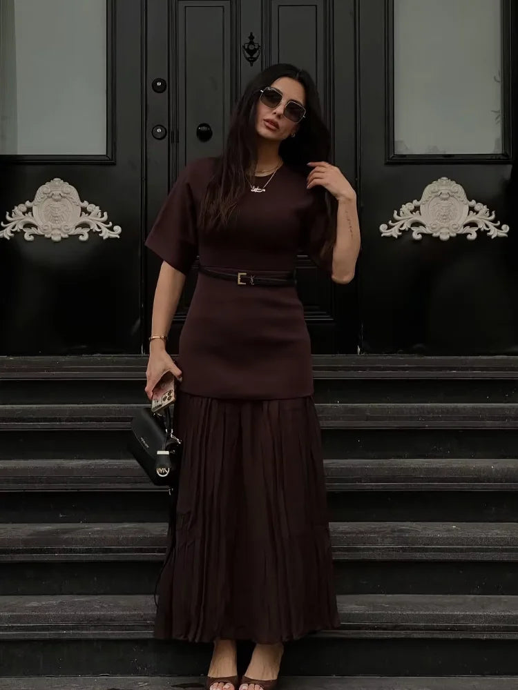Chic Splicing Brown Maxi Dress – Half Sleeve, Pleated A-line, Slim Fit, Casual Office Commute Streetwear