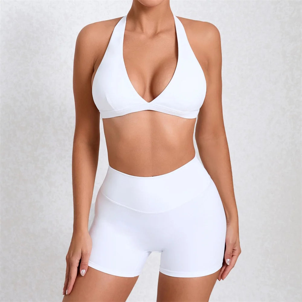 1/2PCS Deep V Bra Gym Halter Yoga Set – Women's Sportswear, Workout Fitness Shorts, Activewear Outfit