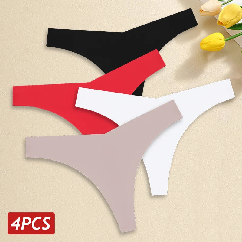 4PCS Women's Seamless Ice Silk Thongs – Sexy, Low Waist, Ultra-Thin, Breathable, T-Back Underwear, No Trace Lingerie