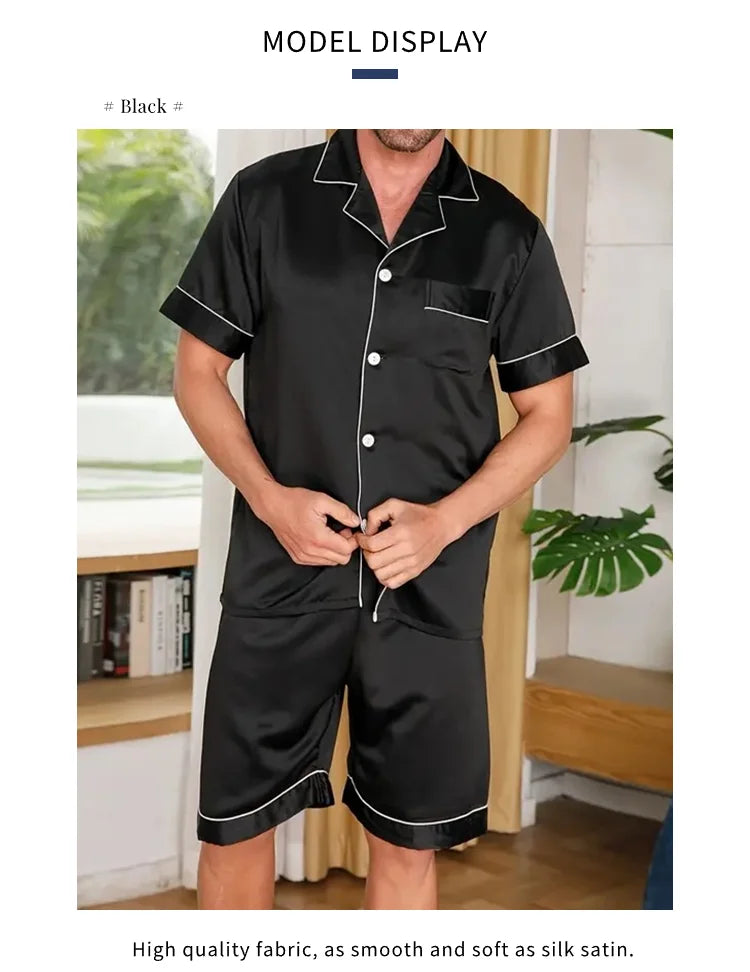 Men's Summer Pajamas Set – Short Sleeve, Button-Down Shirt with Pocket, Matching Shorts, Comfortable Loungewear Sleepwear