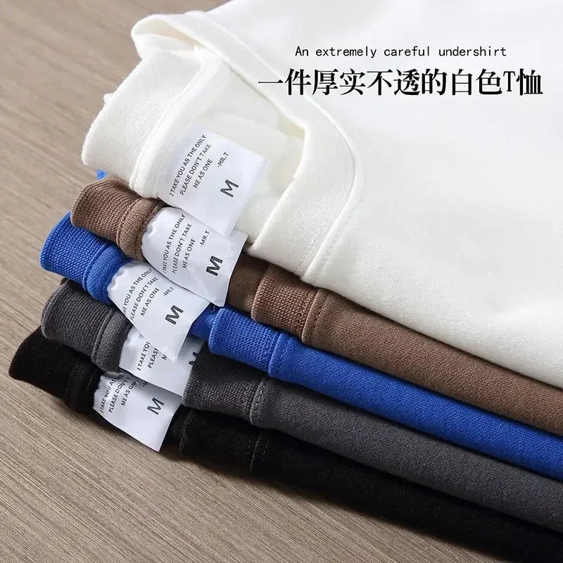 Heavy-Duty Cotton T-Shirt – Thickened, Threaded Round Neck, Short Sleeves, Three-Needle Stitching