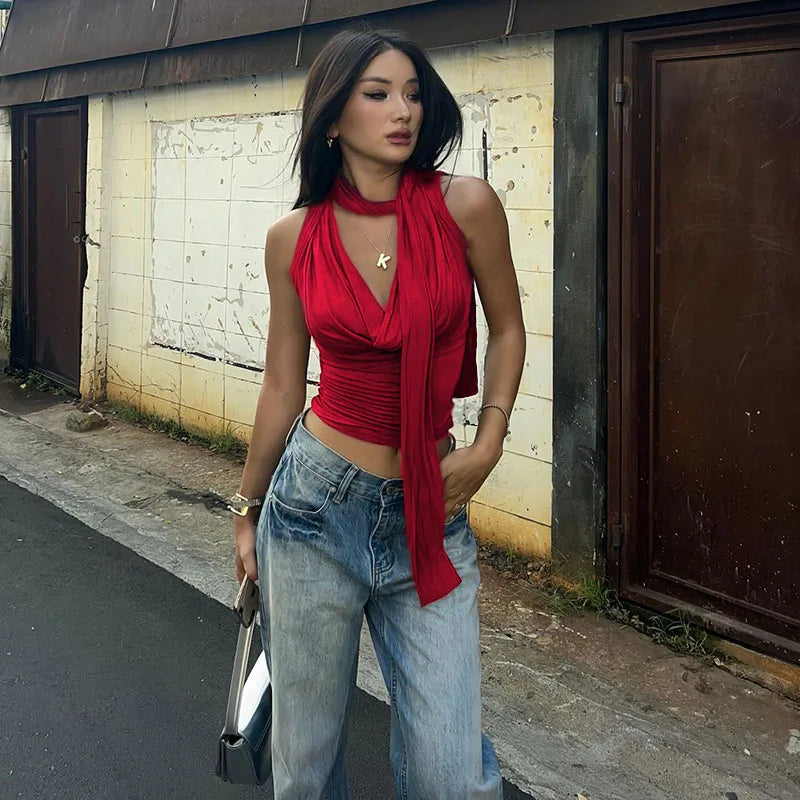 Tank Top – Solid Color, Sexy, Sleeveless, V-Neck, Fashionable, Bandage Detail, Streetwear, Casual, Slim Fit, Elegant, Knitted