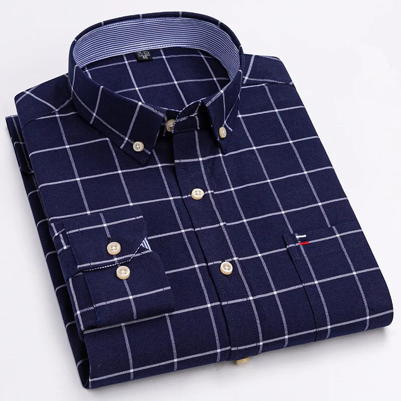 Men's 100% Cotton Shirt – Long Sleeve Plaid Oxford, Plaid, Regular Fit Formal Dress Shirt, Available In Oversized