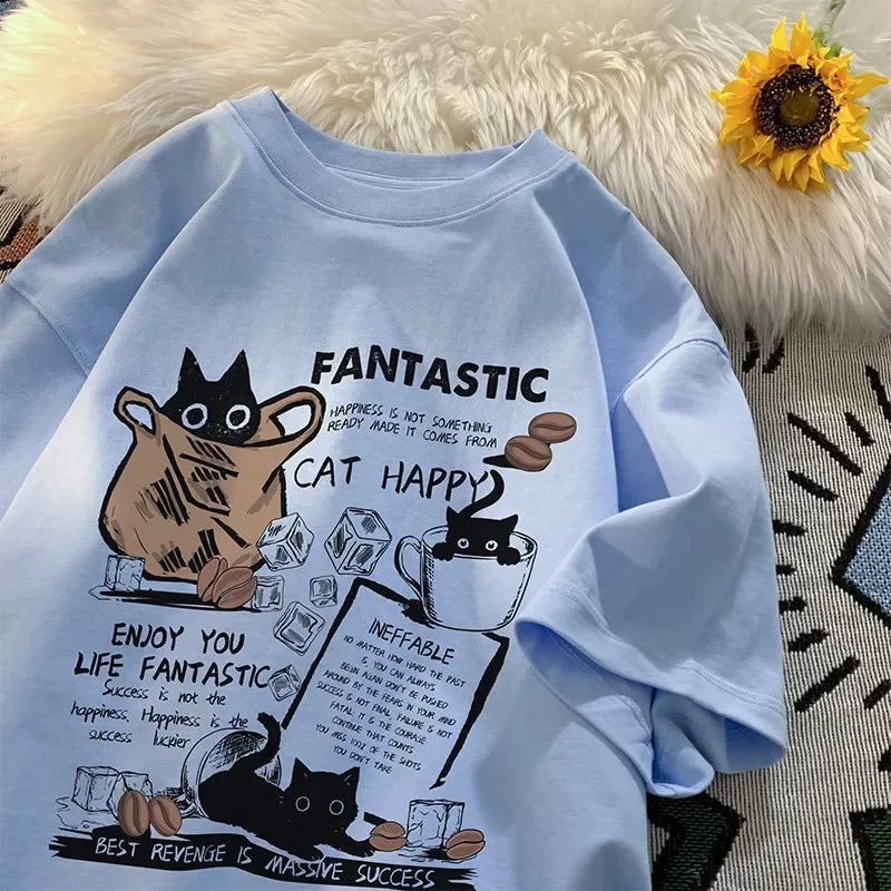 Oversized Cartoon Cat T-Shirt – Unisex Korean Style, Casual Short Sleeve Couple Tee