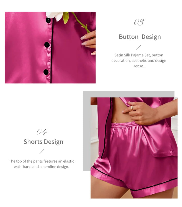 Luxurious Satin Pajama for Women – Summer Sleepwear, Short Sleeve Top with Button-Up Lapel Collar & Shorts, Femme Lounge Set