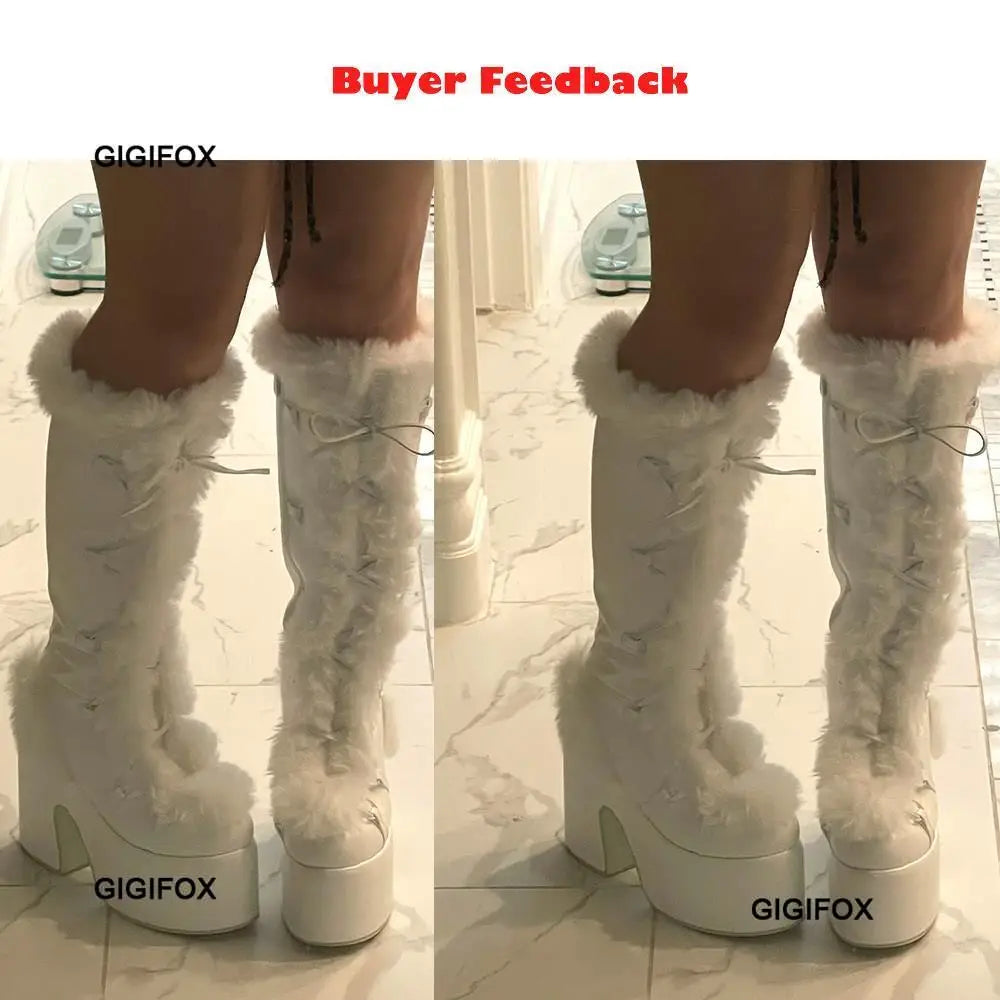 Platform Furry Boots - Chunky High Heeled Winter Autumn Knee-High Boots for Women, Faux Fur Zip, Gothic Punk Style