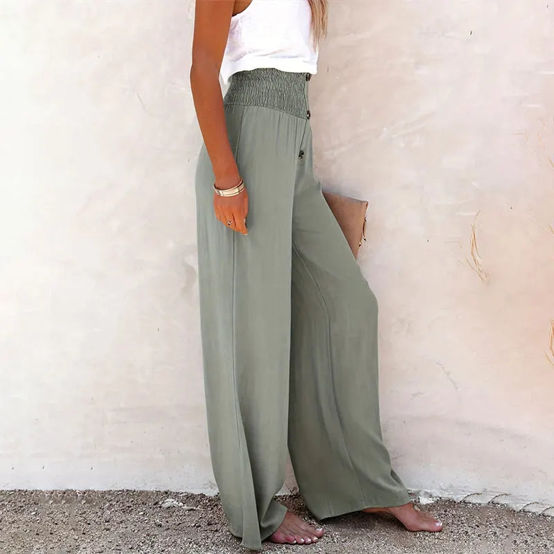 Summer Cotton Linen Wide Leg Pants – Full Length, Casual Style, Solid Color, Loose Fit, High Waist, Straight Cut