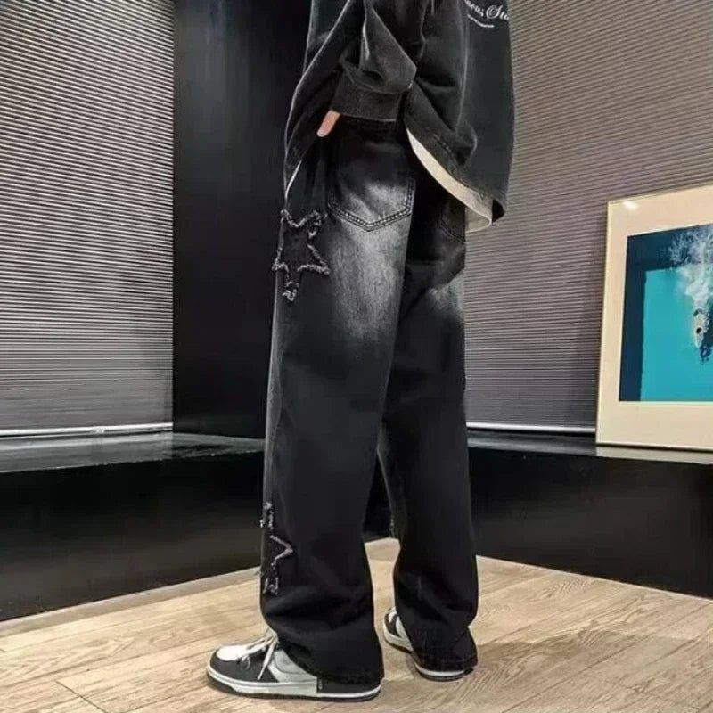 Stars Patchwork Men Jeans – New Fashion Y2K, Tassel Design, Korea Style, Straight Fit, Hip Hop Splicing Trousers, Male Streetwear