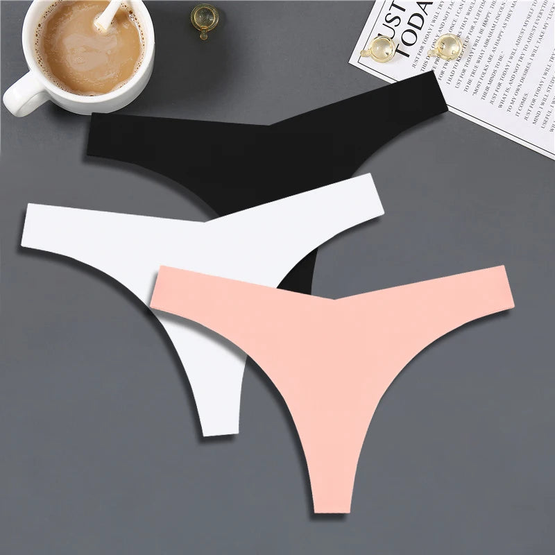 3PCS Women Ice Silk Seamless Thongs – Sexy V-Waist, Low Rise, Sporty, Breathable, 10 Solid Colors
