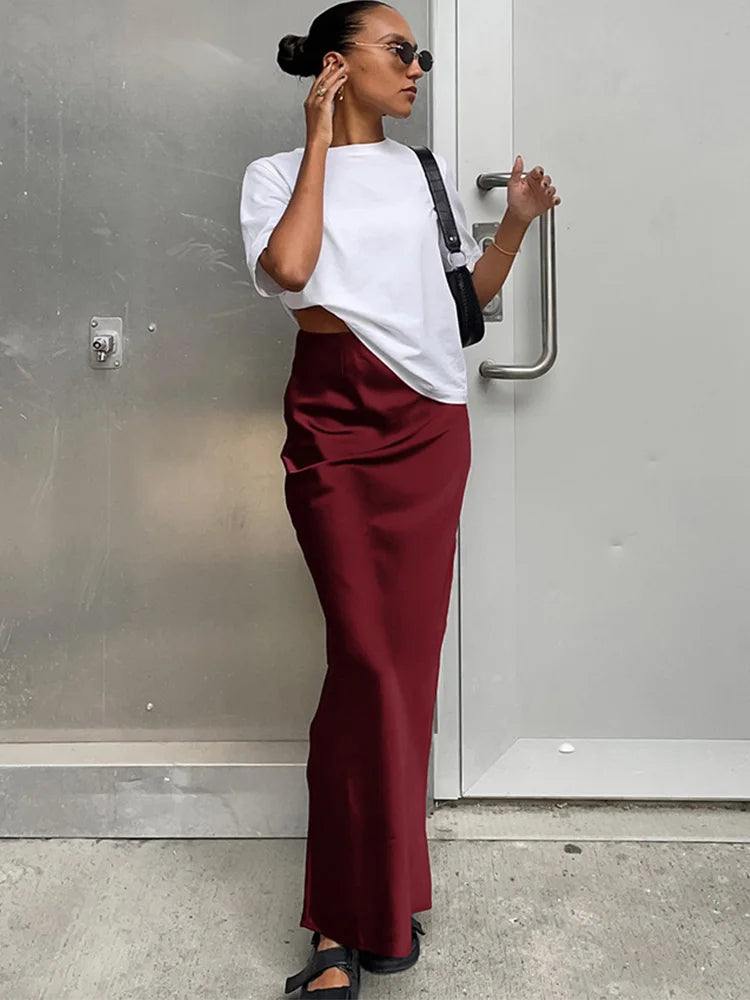 Elegant Satin Trumpet Skirt – Slim Fit, High Waist, Solid Color, Office Wear, Long Skirt, Spring Summer