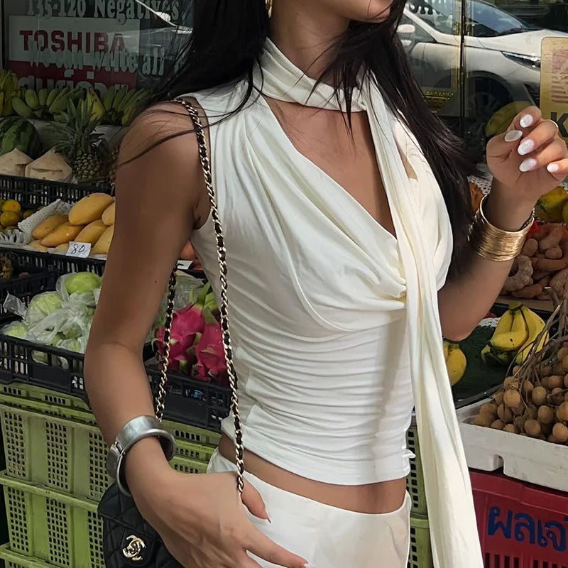 Tank Top – Solid Color, Sexy, Sleeveless, V-Neck, Fashionable, Bandage Detail, Streetwear, Casual, Slim Fit, Elegant, Knitted
