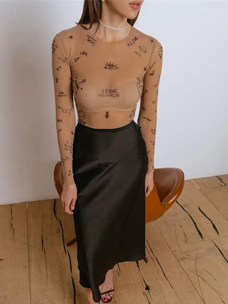 Sexy Slim Bodysuit – Tight-Fitting, One-Piece, Long Sleeve, O-Neck, Printed, Summer Party Wear