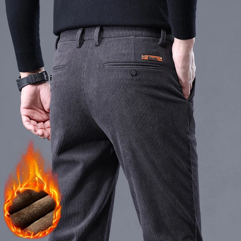 Fleece Men's Corduroy Casual Pants – Chenille Thick Stretch, Mid-Rise, Business Trousers, Winter Thermal Brand Pants