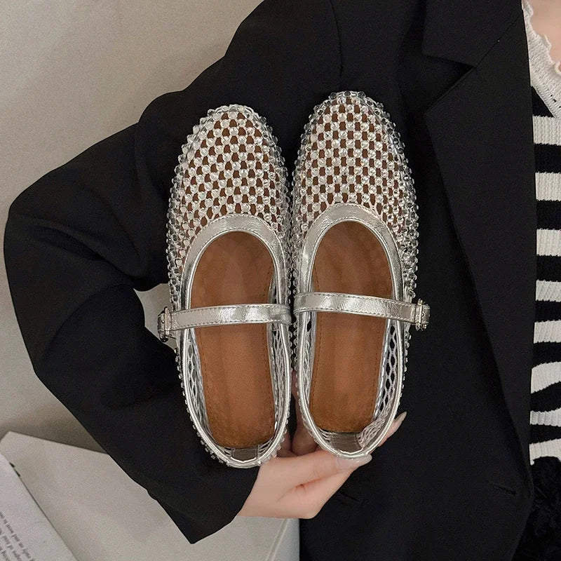 Mesh Breathable Rhinestone Fashion - Versatile Women's New Foreign Style Niche Belt Flat Soft-Soled Mary Jane Shoes