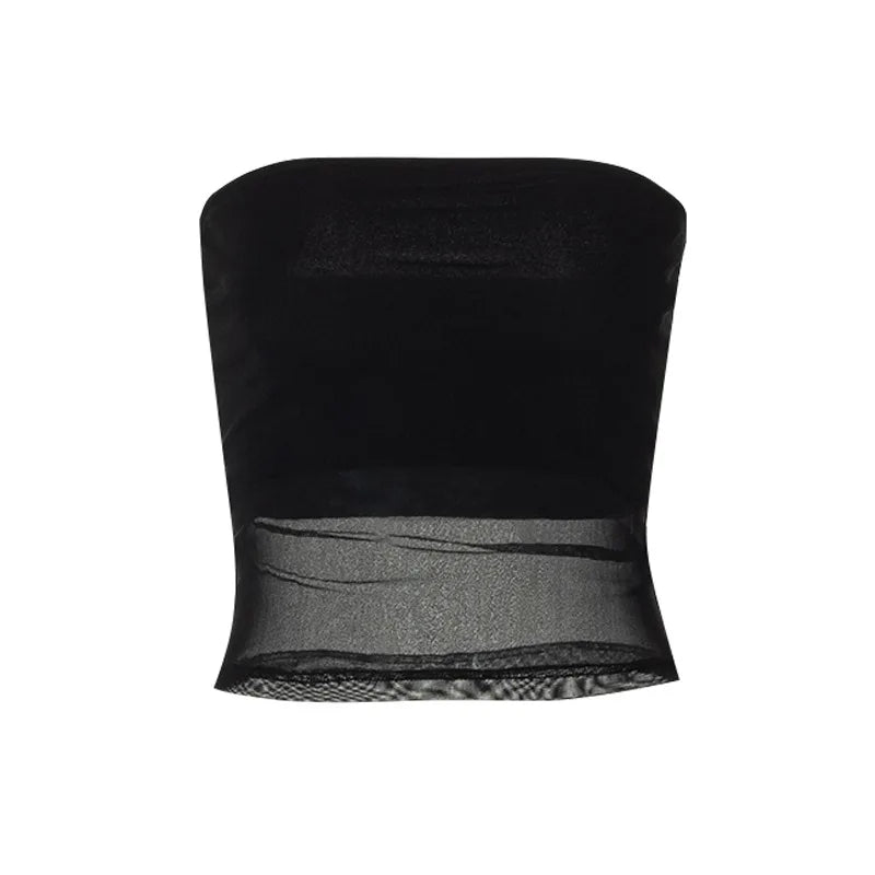 Mesh Corset Black Crop Top – Patchwork Design, Tube Top, Sexy, Sleeveless, Off-Shoulder, Cami Style, Summer Streetwear, Slim Fit, Strapless Tank