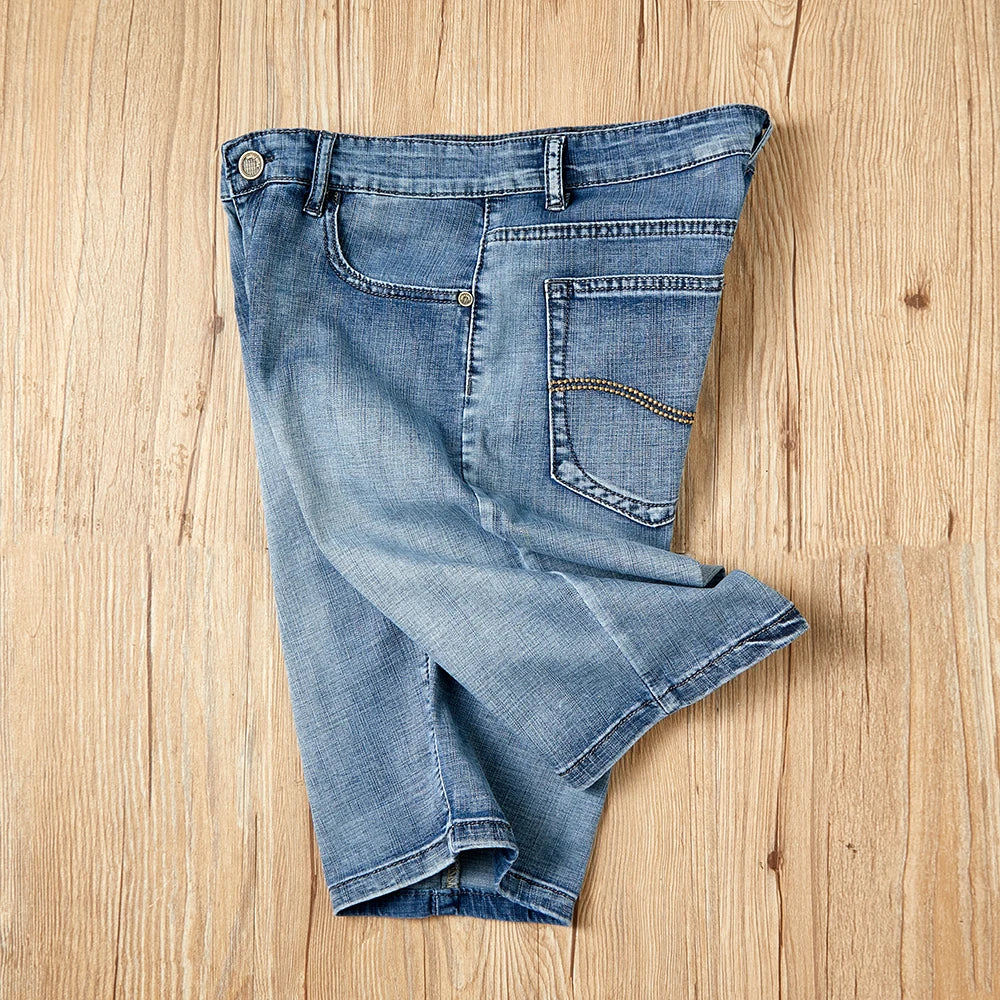 Men's Shorts Jeans – Denim Stretch Pants, Dark Blue, Fashion Design, Slim Straight Fit, Summer Shorts for Men