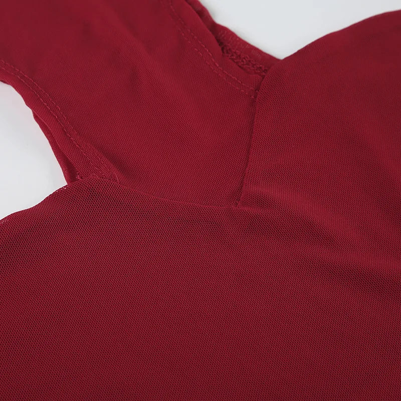 Red See-Through Mesh Bodysuit – Sexy Lingerie, Neck-Mounted, Y2K Festival Outfit