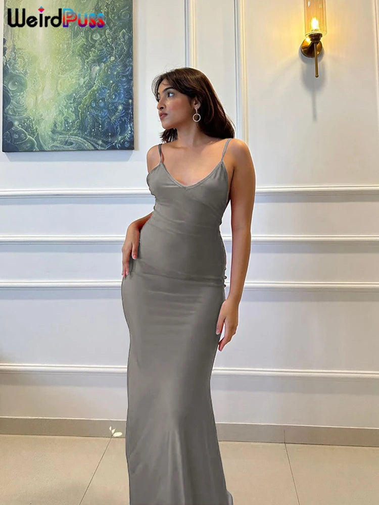 Weird Puss Sexy Backless Maxi Dress – V-Neck, Sleeveless, Elegant Mermaid Bodycon Evening Gown for Banquet & Prom