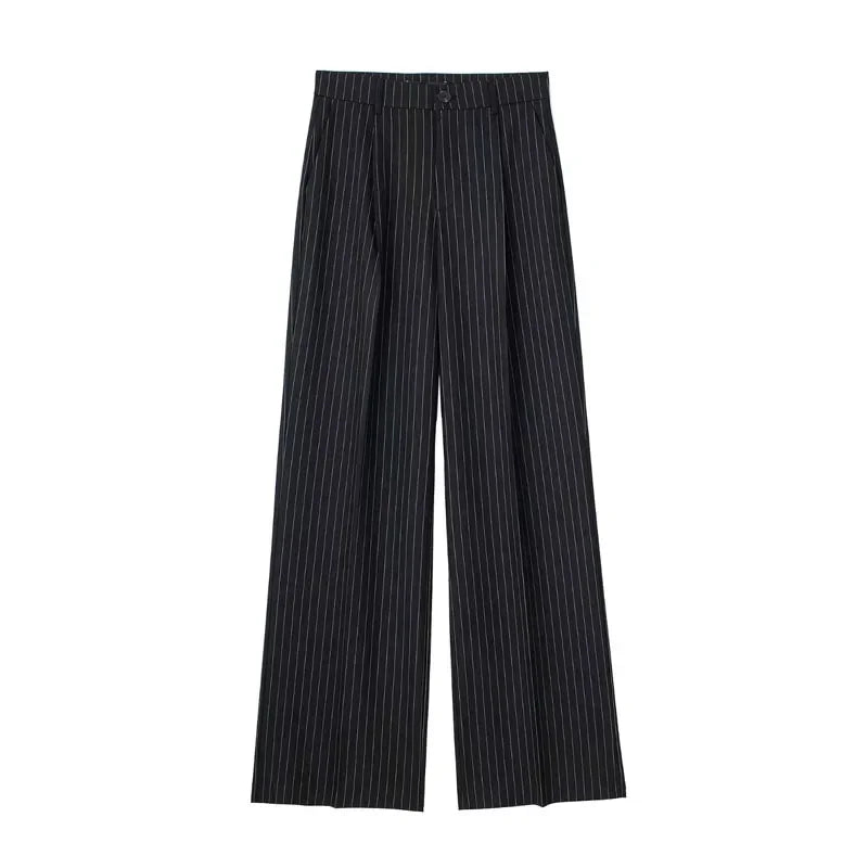 Women's Formal Pants – Office Wear, Striped Design, Grey/Black, High Waist, Baggy Fit, Suit Style, Casual Wide Leg